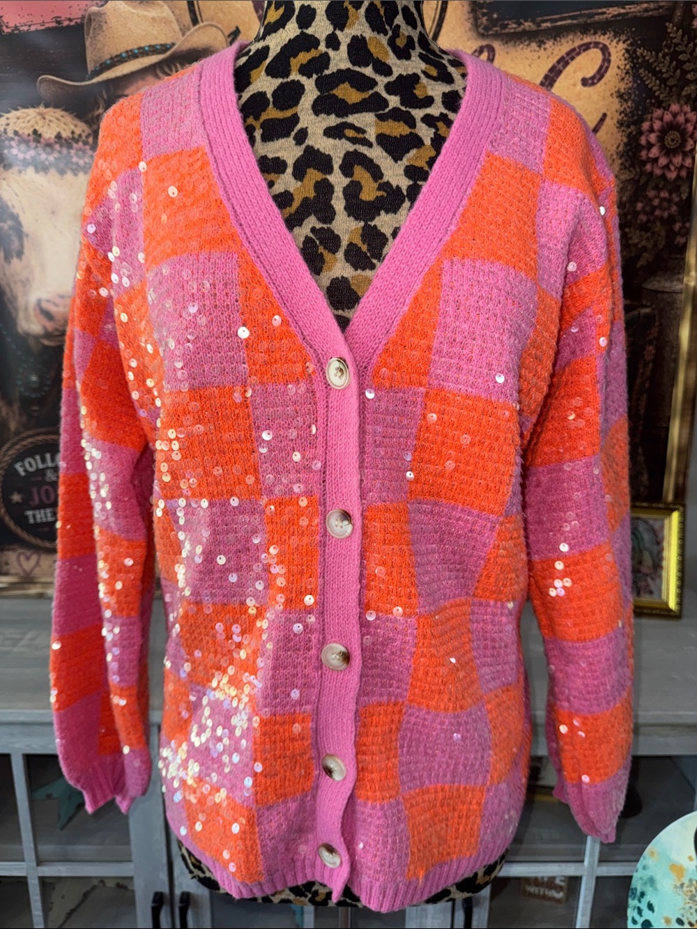 BIBI Women's Super Sequin Pink & Orange Sequin Checker Cardigan - Sz Large
